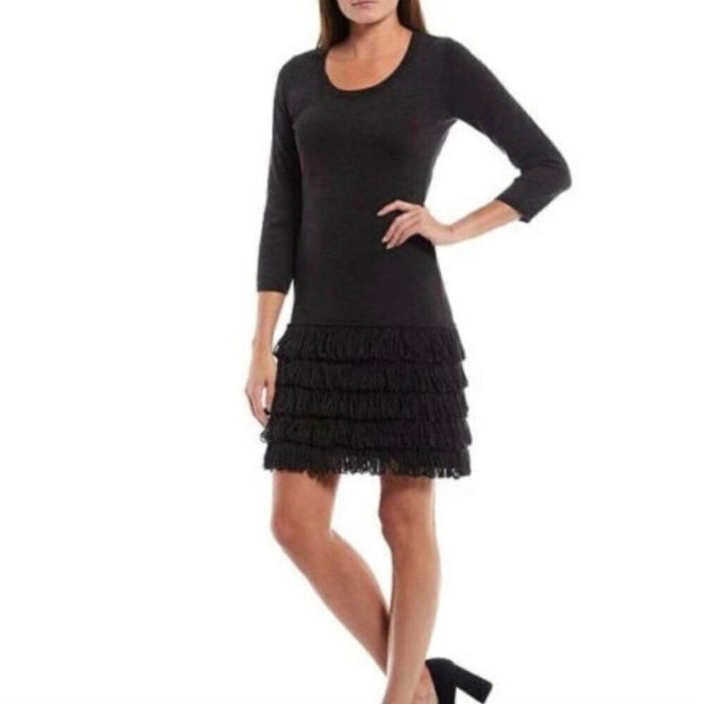 Calvin Klein Women's Heather Black Acrylic/Poly Scoop Neck 3/4 Sleeves Looped Fr